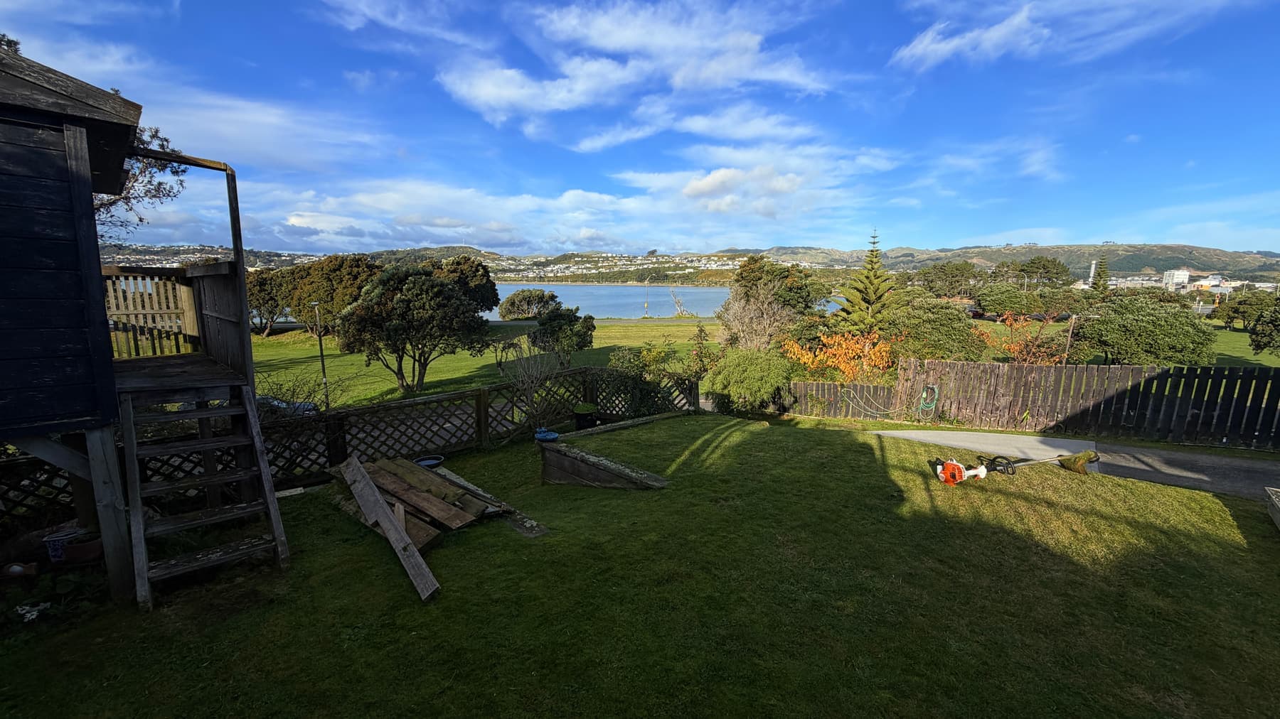 A mown section looking out over Porirua harbour and the hills beyond