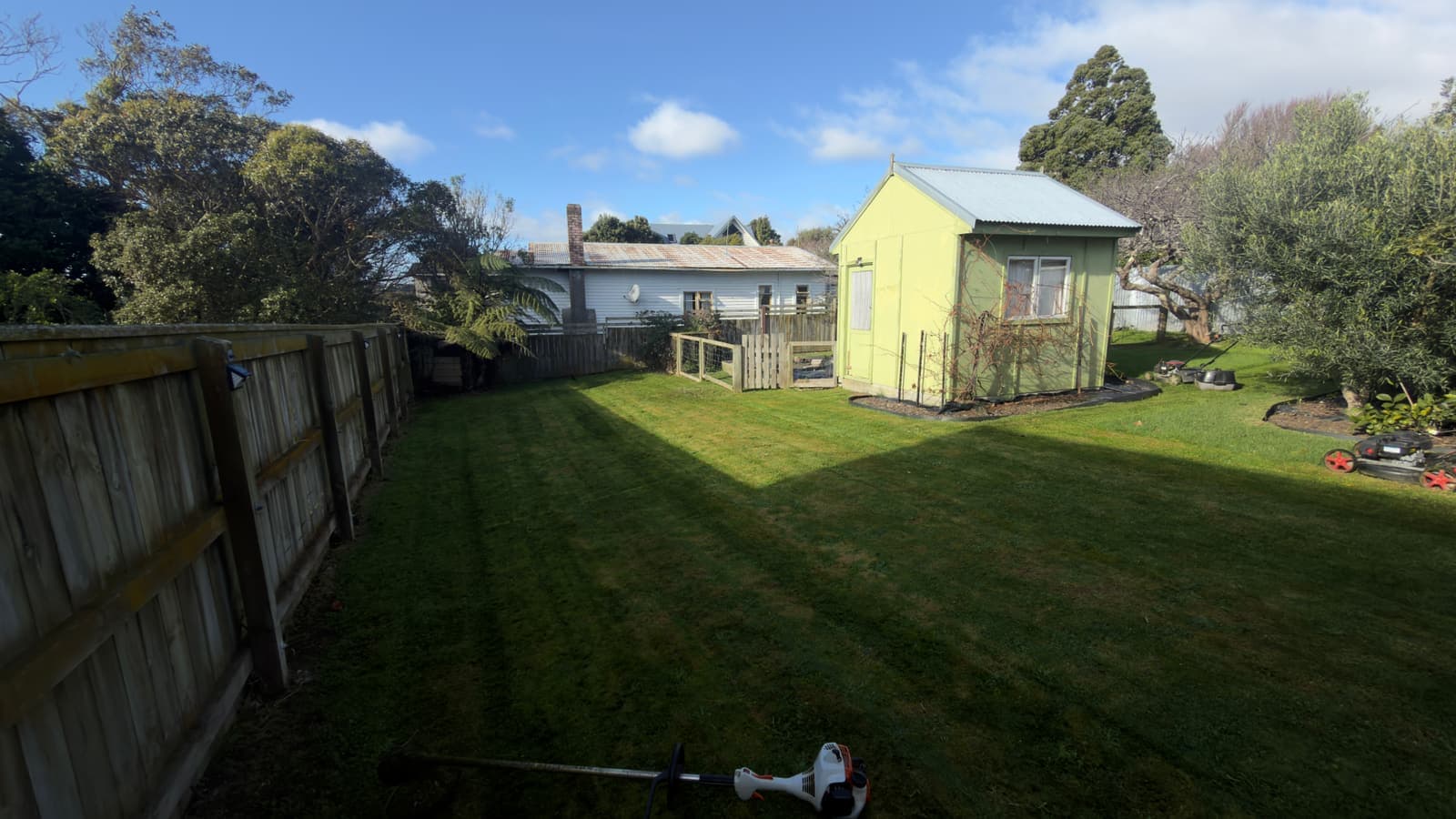 A tidy back lawn with fresh mowing stripes beside a garden shed