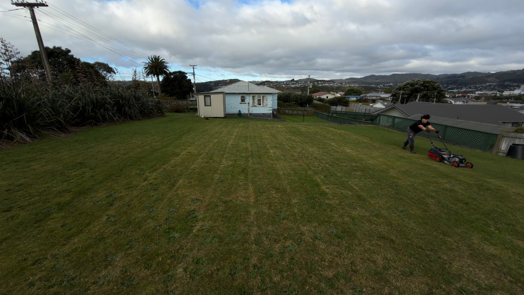 A wide Porirua lawn freshly mown, crew member with mower at the fenceline